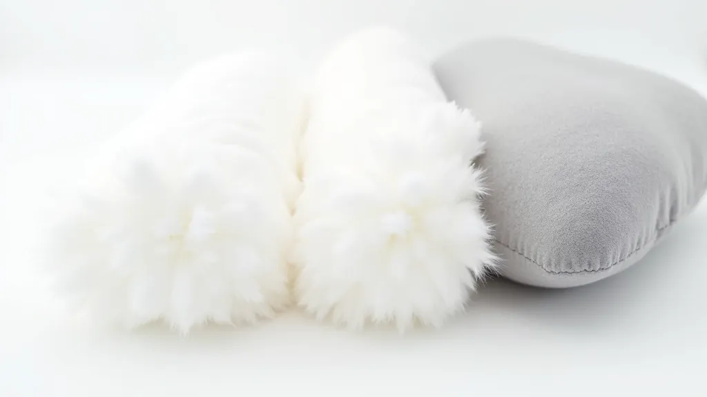 Close-up of various cushion fill materials showing texture differences between down, polyester fiberfill, and memory foam samples