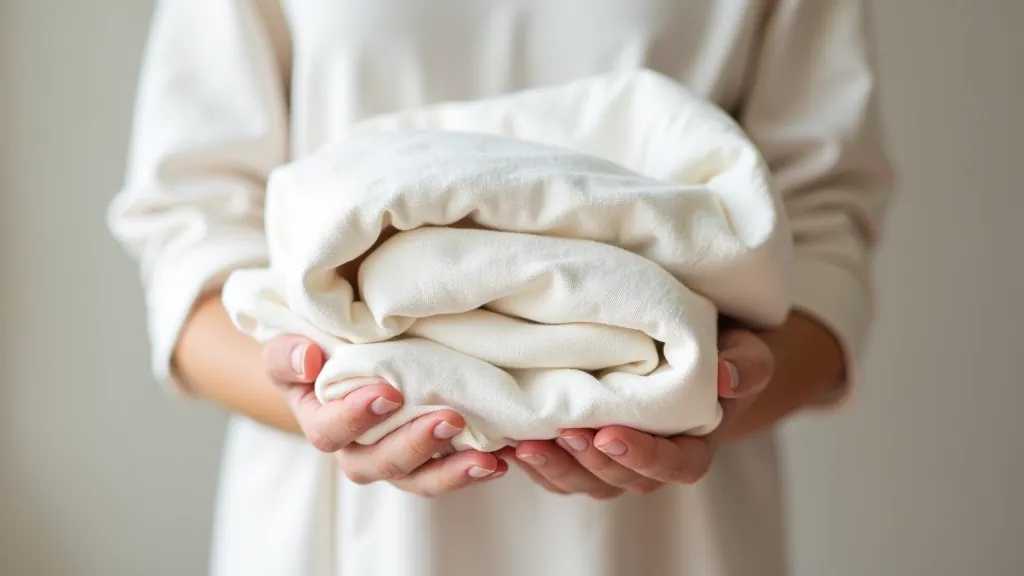 Hands holding folded natural linen textile showing proper care and handling of delicate fabrics