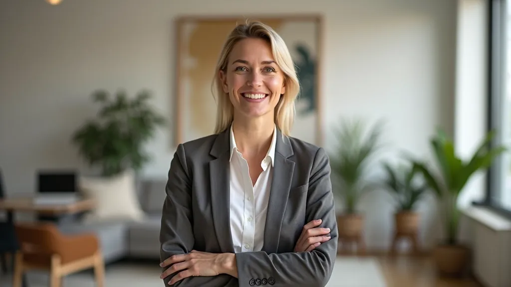 Interior designer Laima, portrait from chest up, warm smile, modern office setting