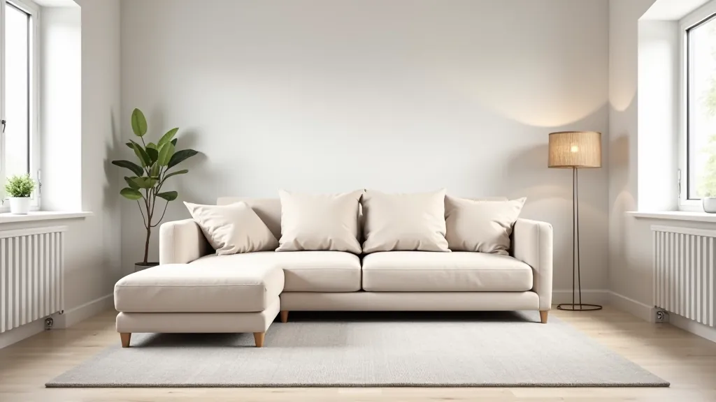 Neutral beige sofa with light gray area rug in modern living room with natural light from large windows